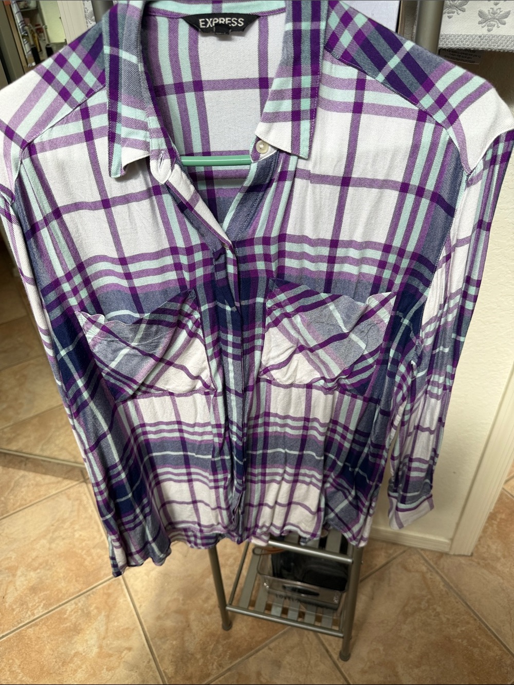 Express Purple and White Plaid Button-Down Shirt